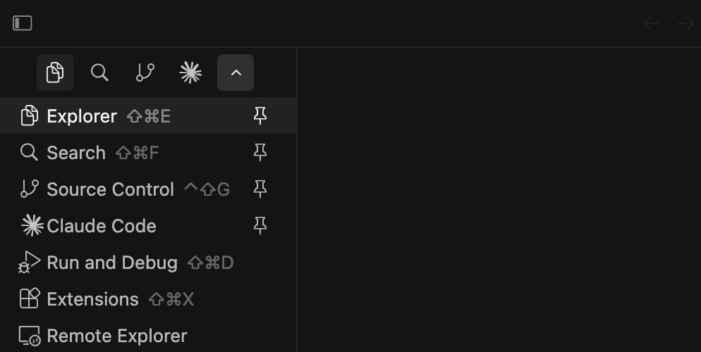 Раскрытый список панелей в Cursor: Explorer, Search, Source Control, Claude Code, Extensions, у каждой справа значок булавки
