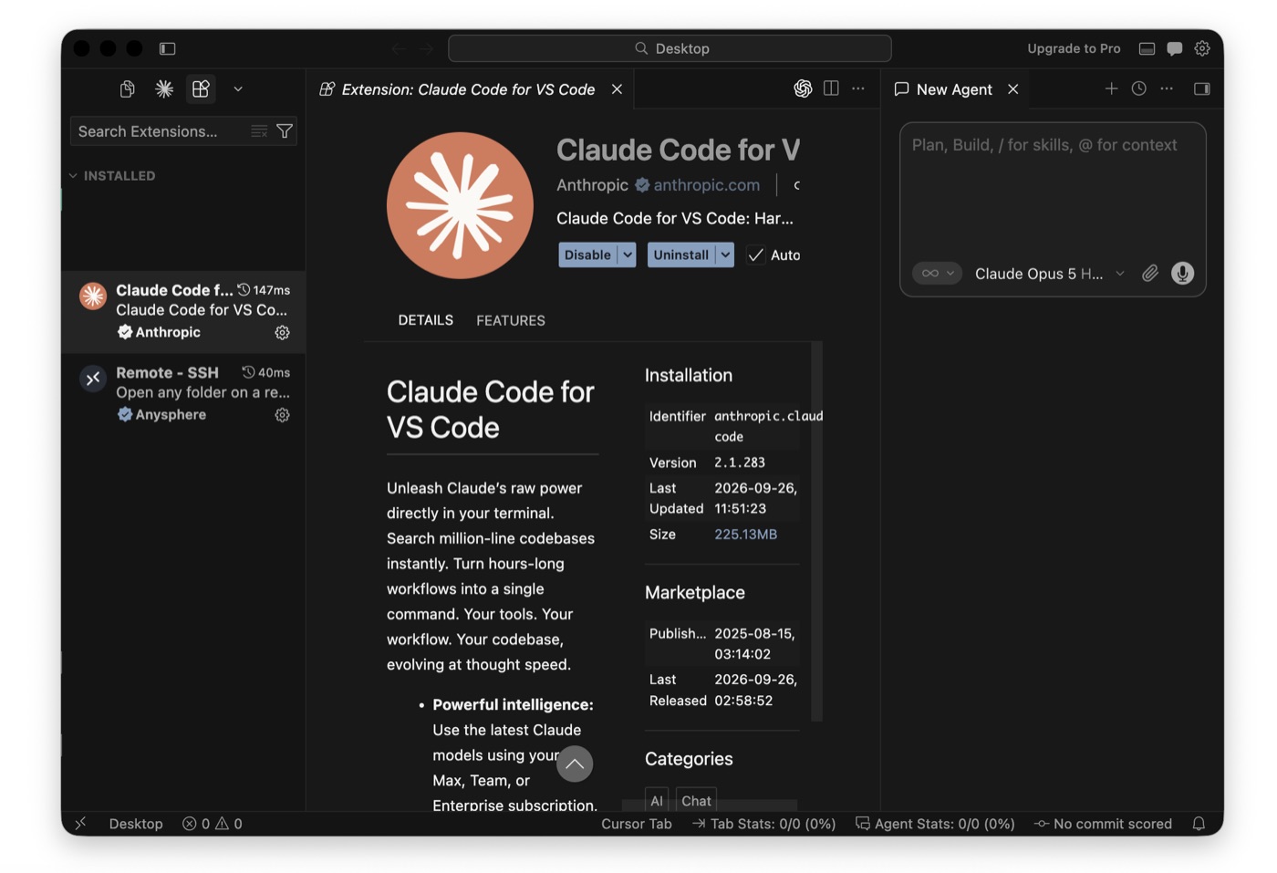 Страница установленного расширения Claude Code for VS Code в Cursor: издатель Anthropic с галочкой, кнопки Disable и Uninstall